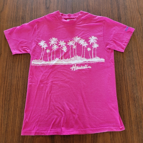 Vintage 90s Pink Hawaii T Shirt Medium USA Made Single Stitch Hanes Beefy T - Picture 1 of 6
